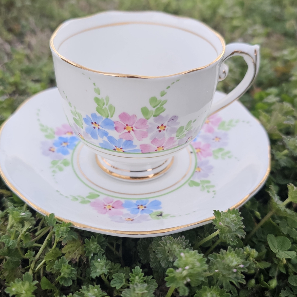 Hand Painted ROSLUN CHINA TEACUP & SAUCER ENGLAND